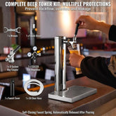 Kegerator Tower Kit, Single Tap Beer Conversion Kit, Stainless Steel Keg Beer Tower Dispenser with Dual Gauge CGA320 Regulator & D-System Keg Coupler, Beer Drip Tray for Party Home